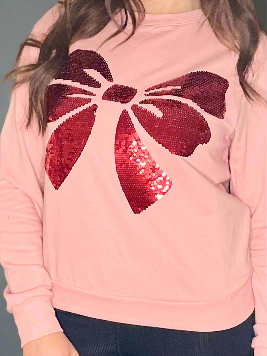 Be Present Sequin Bow Sweatshirt - Pink and Red