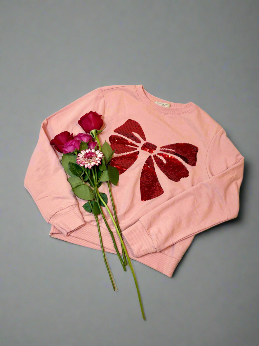 Be Present Sequin Bow Sweatshirt - Pink and Red