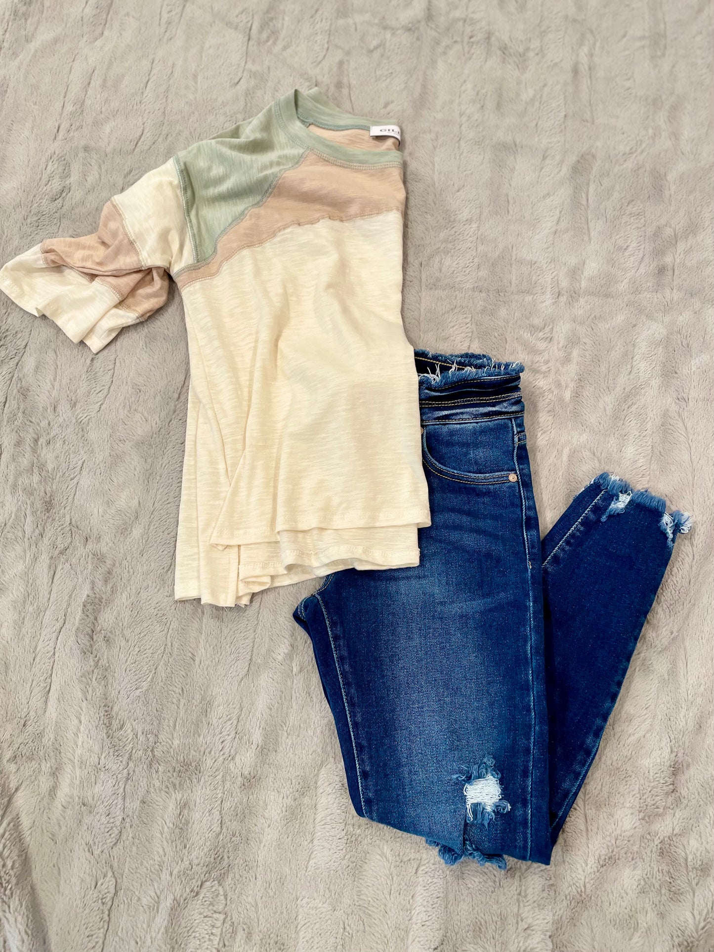 Cream-Sage Color Block Top